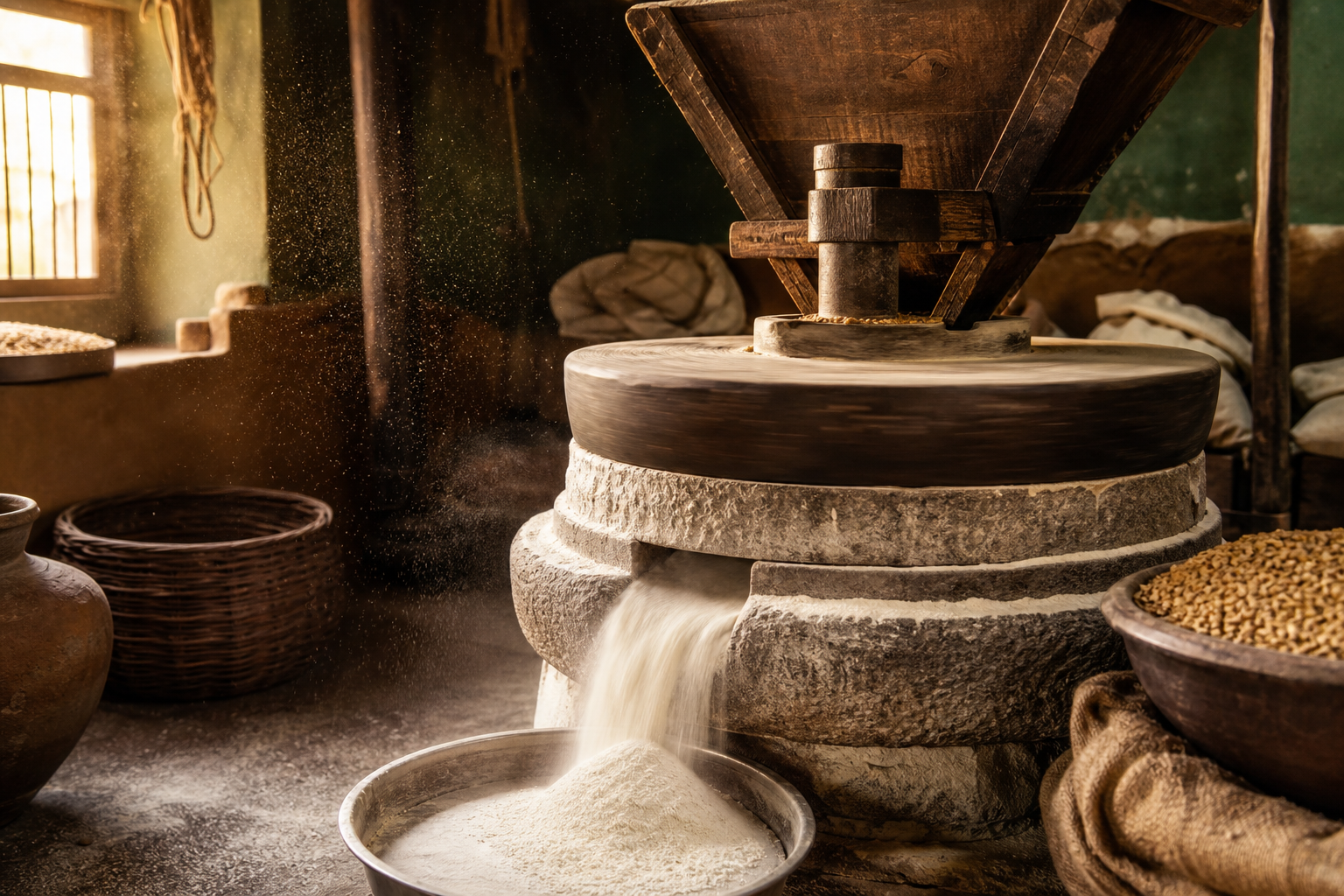 Traditional stone chakki grinding fresh flour